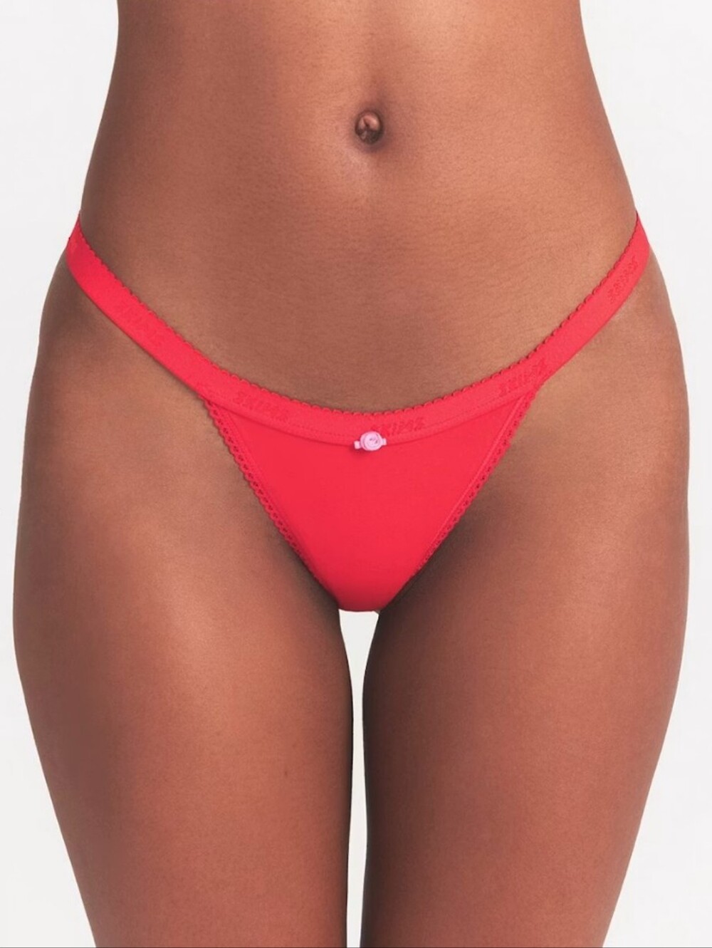 NWT SKIMS Lightweight Cotton Picot Logo Thong Ruby Tonal Red Rose Large L